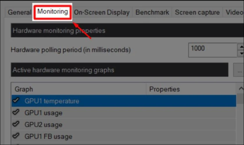 Trong giao diện Settings, điều hướng đến tab Monitoring