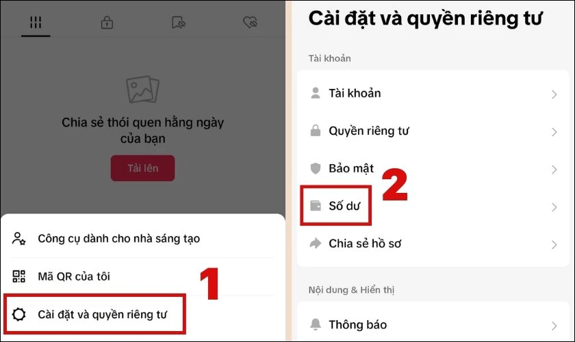 Nhấn vào Cài đặt và quyền riêng tư và chọn Số dư