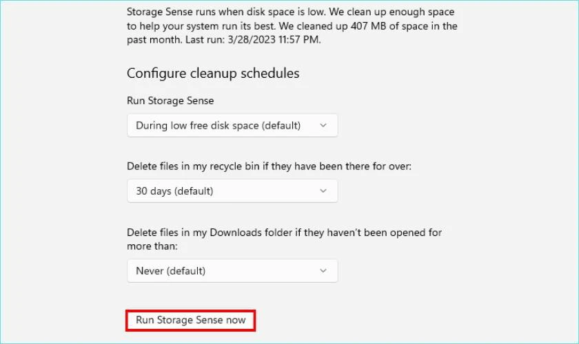 Nhấn chọn Run Storage Sense now
