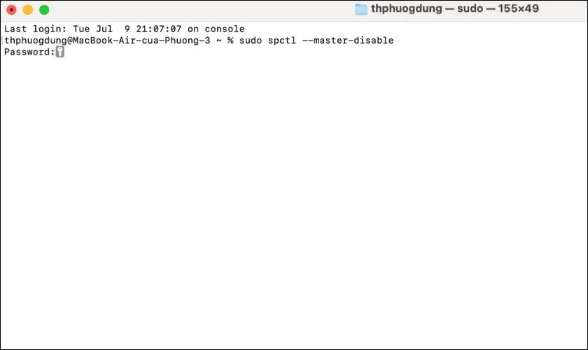 Trong Terminal, dán dòng lệnh sau: sudo spctl --master-disable