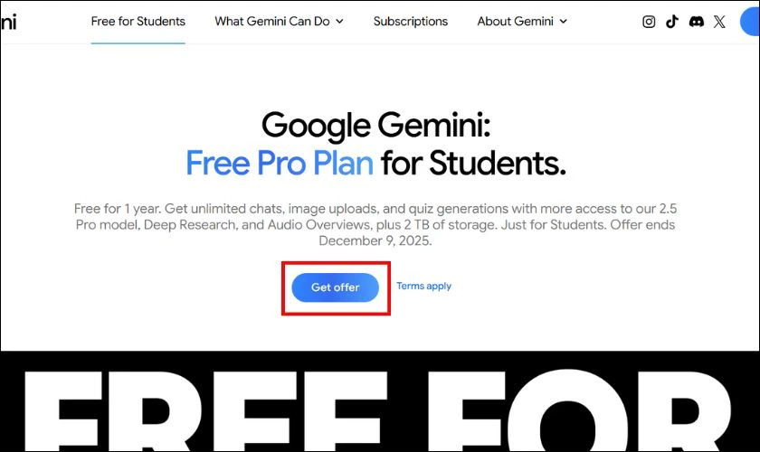 Truy cập trang đăng ký Gemini Pro Student