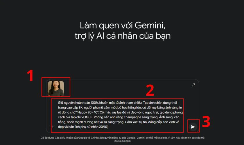 Vào Gemini, tải ảnh lên và nhập câu lệnh