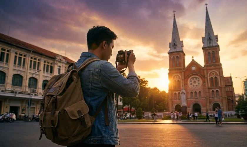 Câu lệnh ghép ảnh Nhà thờ Đức Bà cho nam bằng Gemini