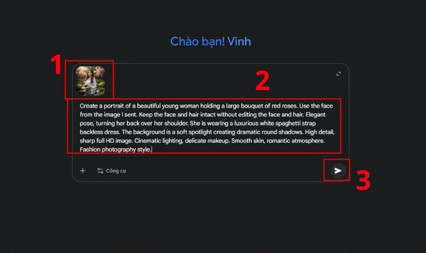 Tải ảnh lên và nhập câu lệnh tạo ghép ôm hoa hồng
