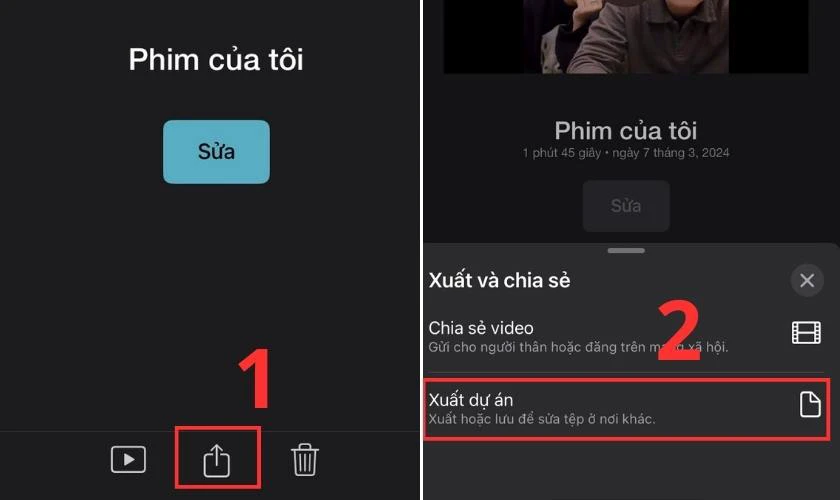 Bấm vào biểu tượng chia sẻ và chọn Xuất dự án