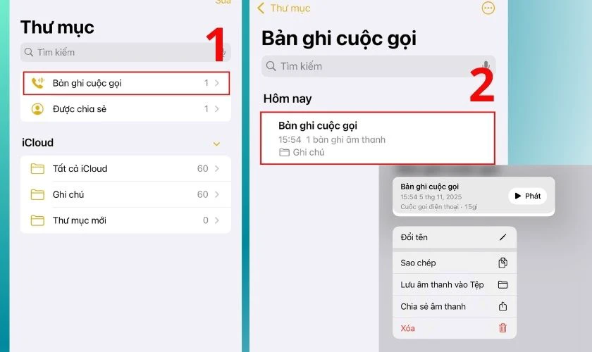 Bản ghi âm sẽ tự động được lưu vào thư mục Bản ghi cuộc gọi
