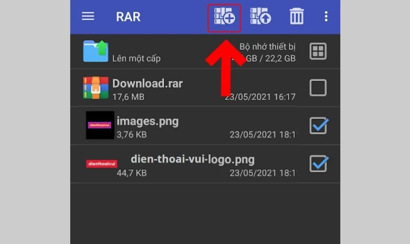 Bạn nhấn vào biểu tượng dấu cộng trên thanh công cụ của ứng dụng để nén file