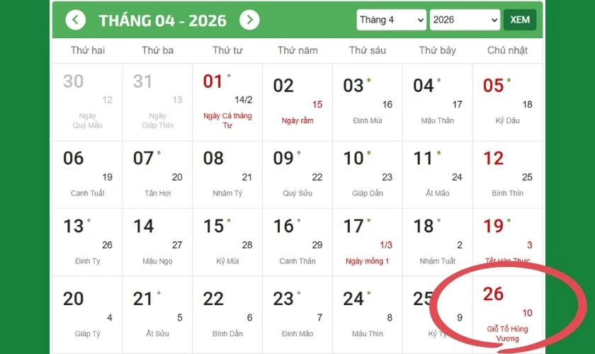 Trong 2026, ngày Giỗ Tổ Hùng Vương rơi vào Chủ Nhật