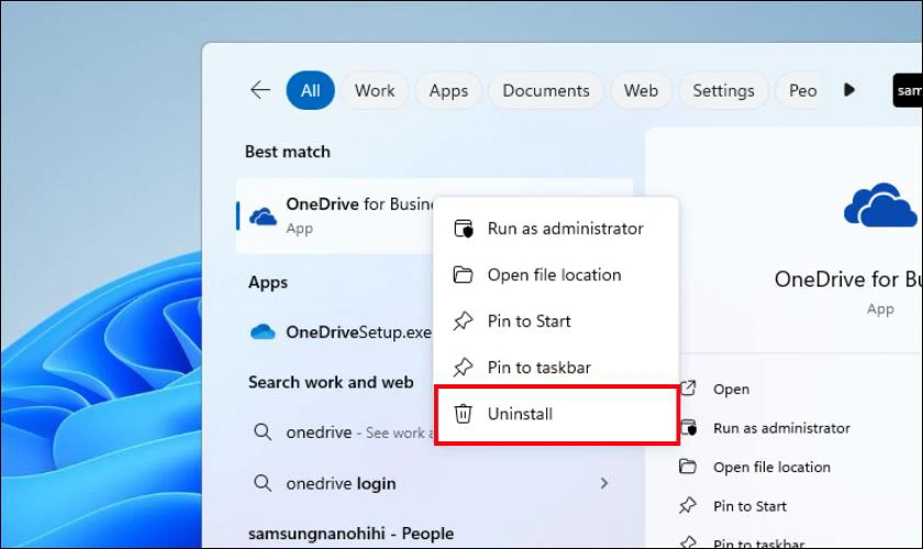 Bạn gõ OneDrive vào thanh tìm kiếm rồi nhấn chuột phải vào ứng dụng và chọn Uninstall