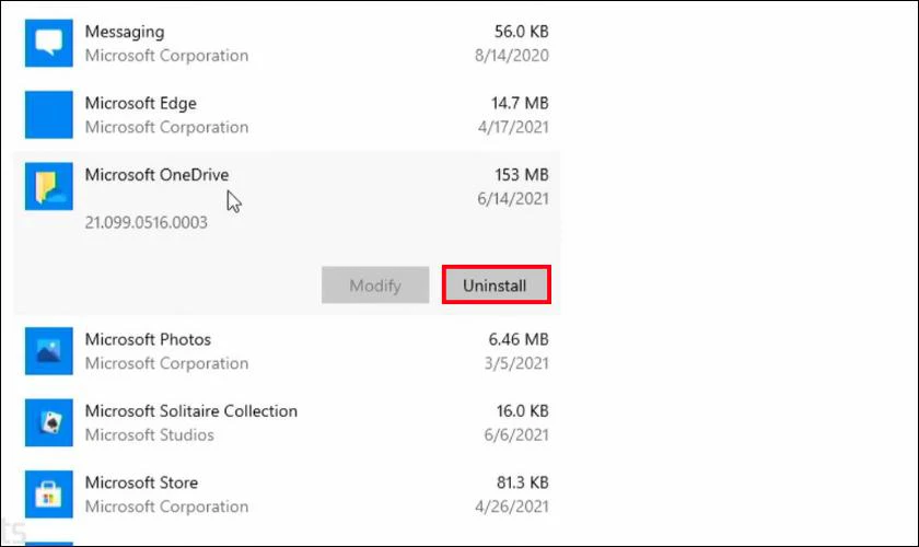 Trong cửa sổ Apps & features, bạn tìm và chọn OneDrive, sau đó nhấn Uninstall một lần nữa