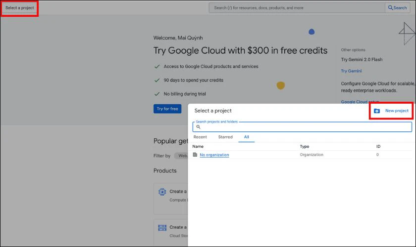 Tạo một project mới trong Google Cloud Console