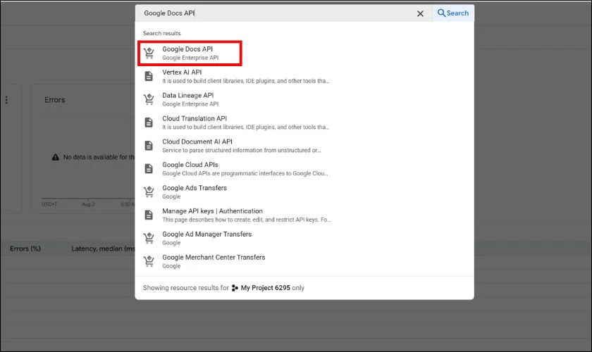 Tìm kiếm và chọn "Google Docs API"
