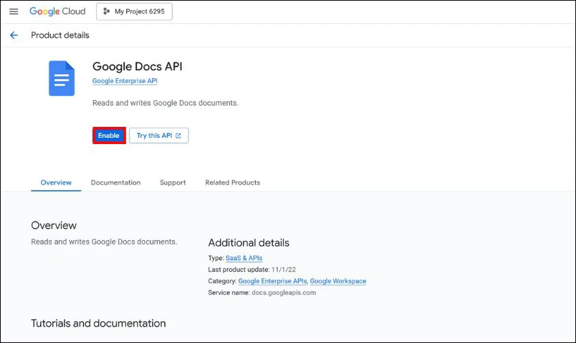Nhấp vào "Enable" để kích hoạt API này