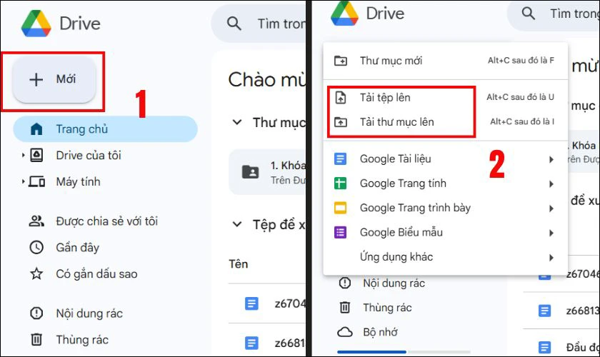 Chọn vào mục Tải tệp lên hoặc Tải thư mục lên