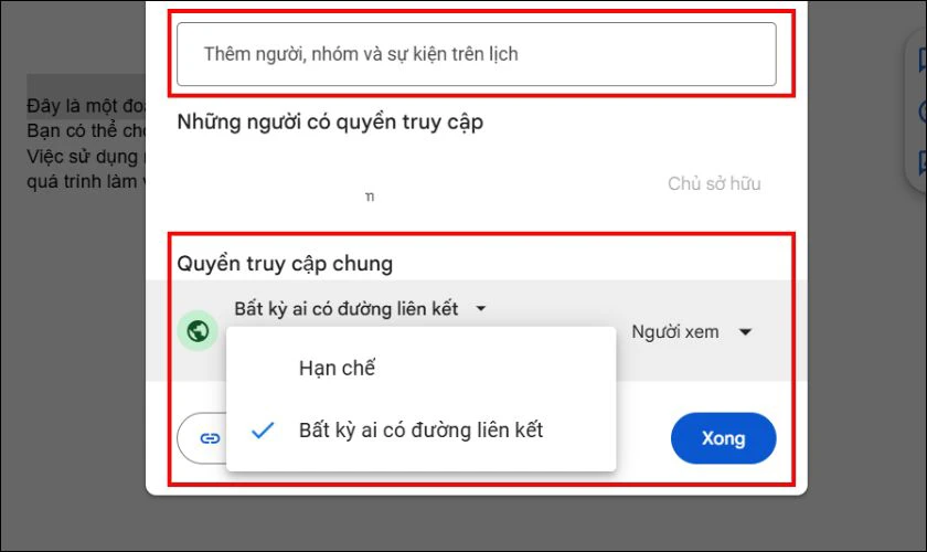 Chọn quyền hạn cho người được chia sẻ và nhấp Xong