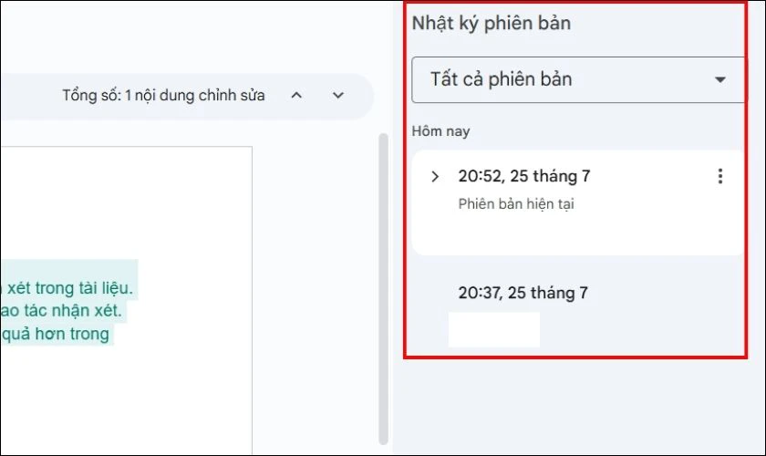 Một bảng điều khiển bên phải sẽ hiển thị các phiên bản đã lưu của tài liệu