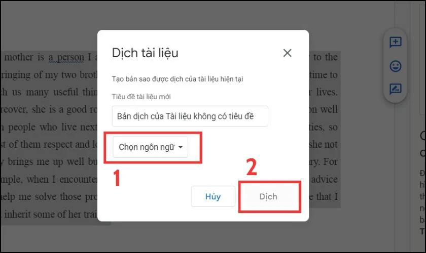 Chọn ngôn ngữ cần dịch sang, sau đó bấm Dịch