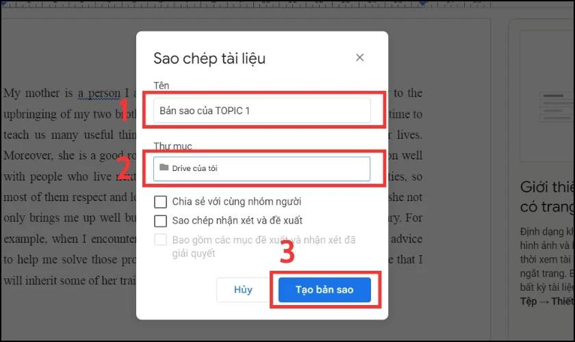 Sau đó điền Tên, chọn Thư mục chứa bản sao và nhấn OK