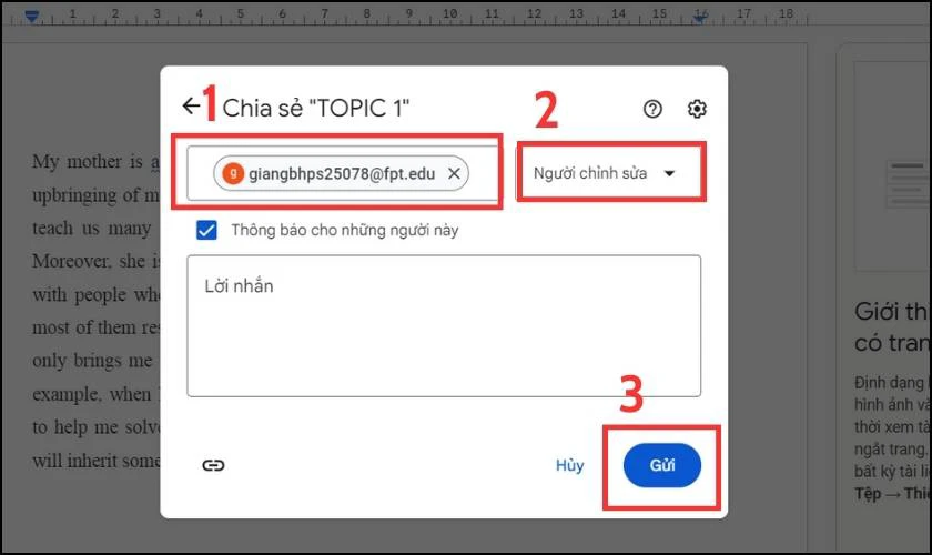 Nhập Gmail mà bạn cần chia sẻ và nhập lời nhắn