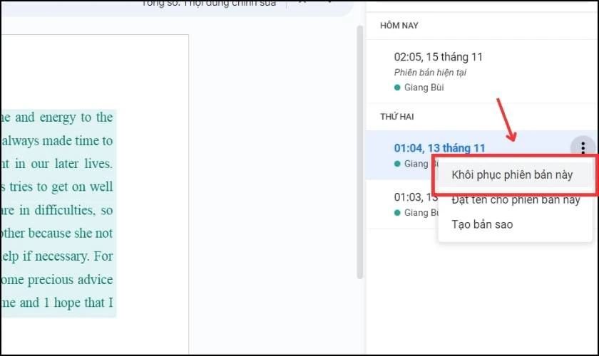 Bạn bấm vào 3 dấu chấm và chọn Khôi phục phiên bản này