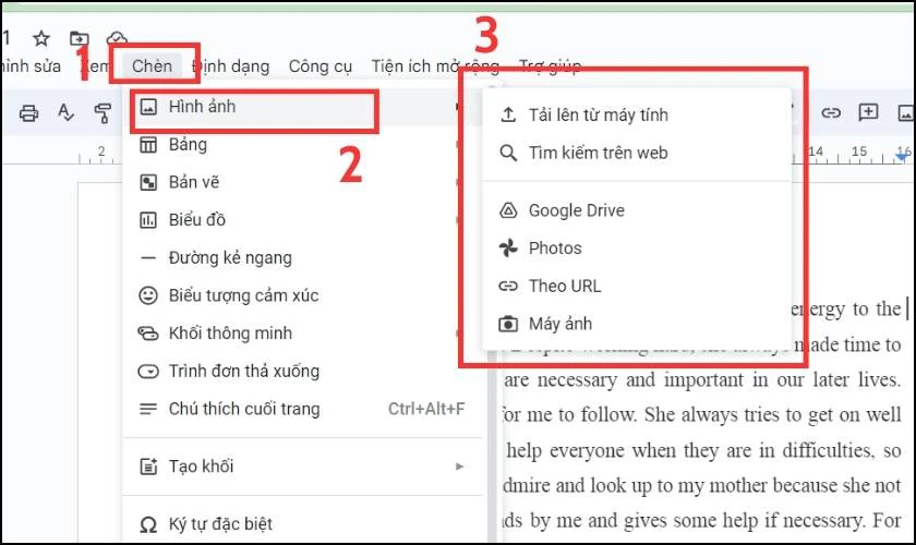 Chọn Chèn trên thanh công cụ và bấm vào Hình ảnh