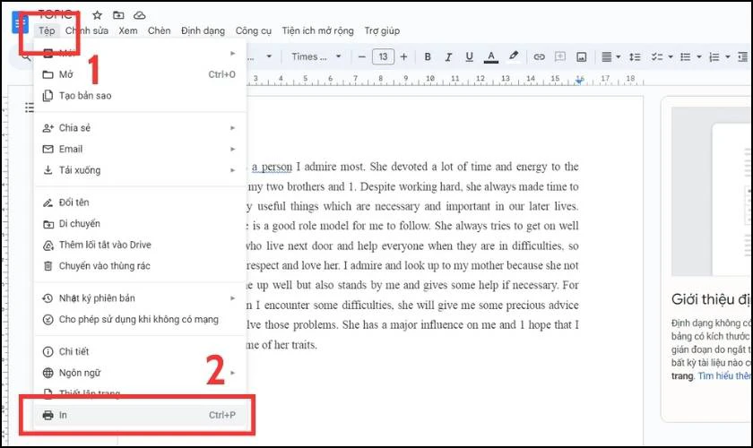 Bạn mở tài liệu Google Docs cần in và chọn Tệp sau đó bấm In