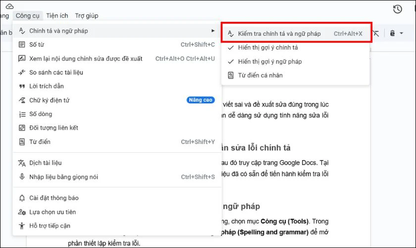 Chọn Kiểm tra chính tả và ngữ pháp