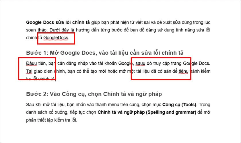 Google Docs sẽ tự động gạch chân những từ viết sai chính tả