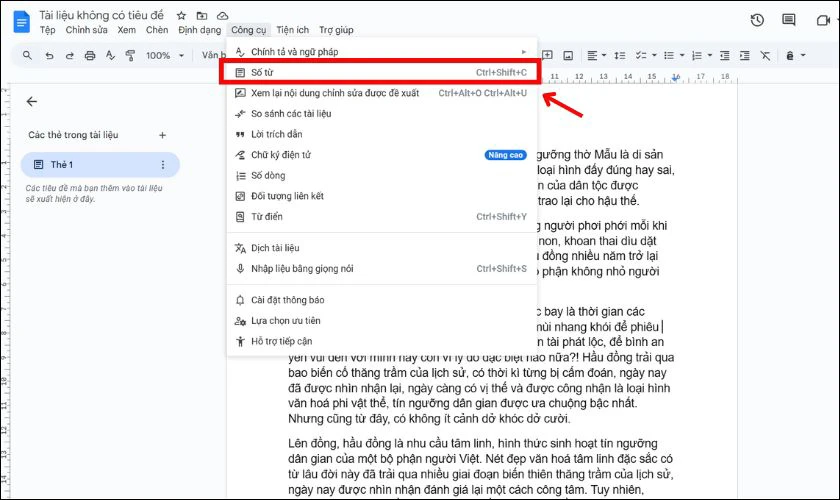 Chọn "Số từ" (Word count), một cửa sổ sẽ hiện ra