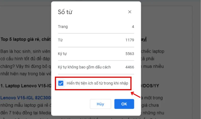 Đánh dấu vào ô "Hiển thị số từ khi nhập" để đếm số từ khi nhập