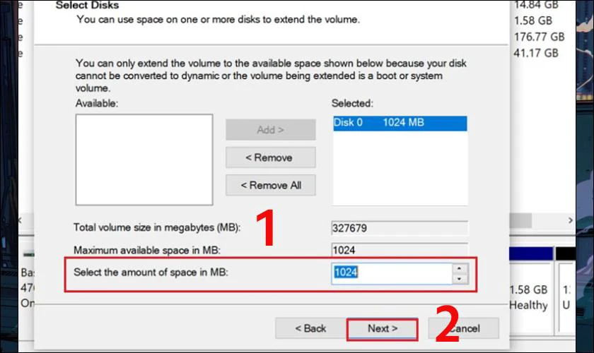 Sau đó bạn chọn dung lượng cần gộp vào ô như hình và nhấn Next