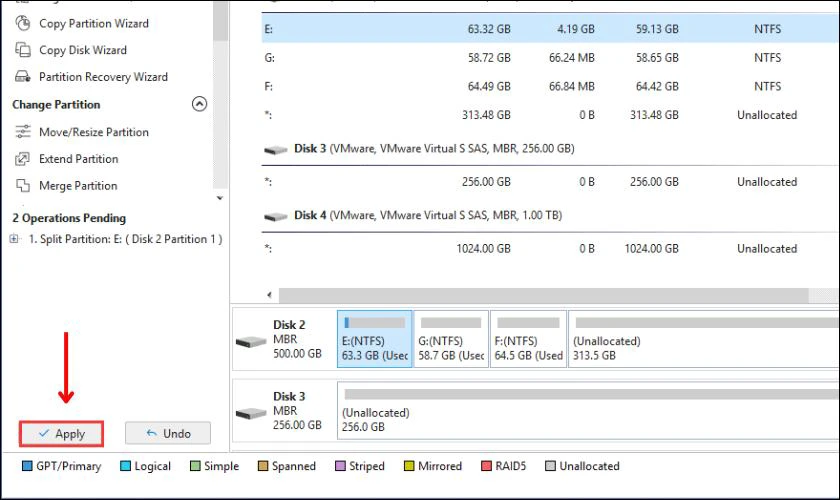 Bên cạnh việc gộp ổ cứng bằng Minitool Partition Wizard, nhấn vào nút Apply để chia ổ cứng