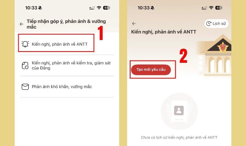 Nhấn vào Kiến nghị, phản ánh về an ninh trật tự (ANTT) và chọn Tạo mới yêu cầu