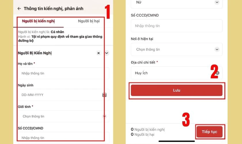Nhập đầy đủ thông tin người bị kiến nghị và người bị hại (nếu có)