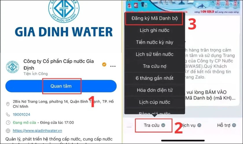 Nhấn vào Quan tâm, chọn Tra cứu và chọn tiếp Đăng ký Mã Danh bộ