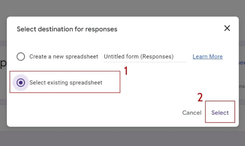 Chọn Select existing spreadsheet và nhấn Select