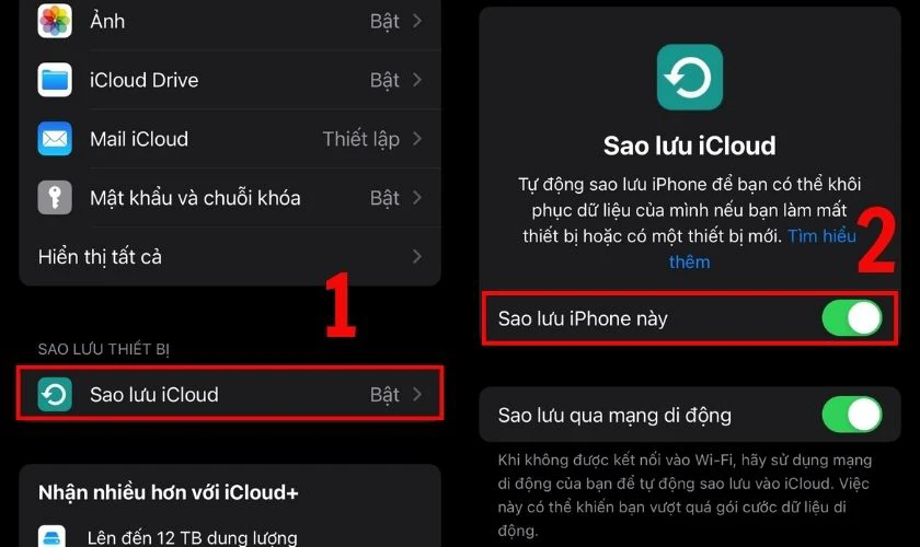 Nhấn Sao lưu iCloud và bật Sao lưu iPhone này