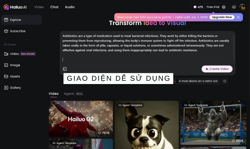 Giao diện Hailuo AI được thiết kế đơn giản, trực quan và dễ sử dụng