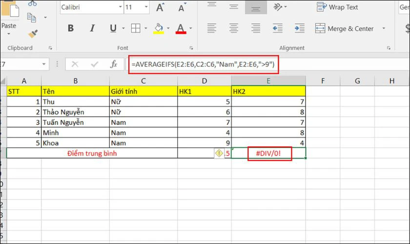 Lỗi #DIV/0 xảy ra khi hàm AVERAGEIFS không tìm thấy bất kỳ dữ liệu nào đáp ứng điều kiện