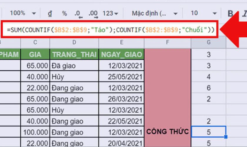 Hàm COUNTIF đếm số lần xuất hiện của nhiều giá trị