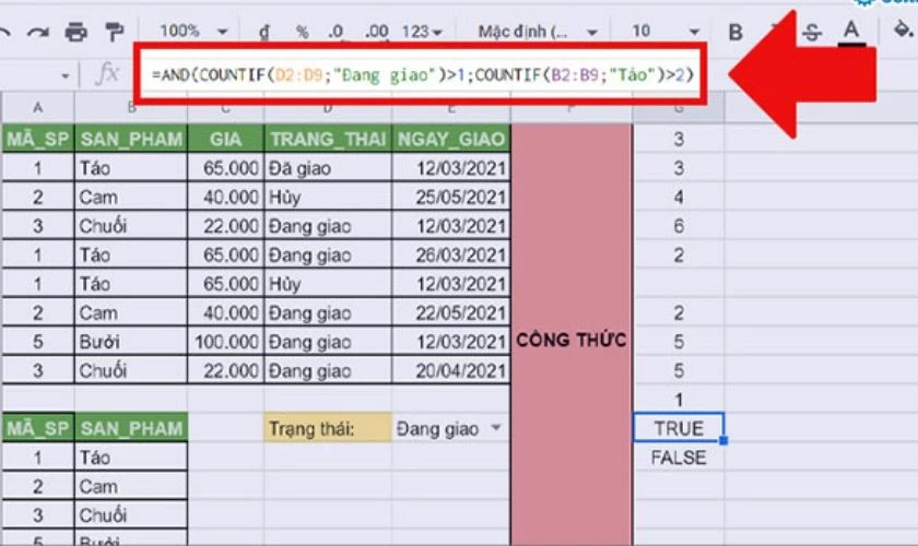 Hàm đếm số lần xuất hiện trong Excel với hàm AND