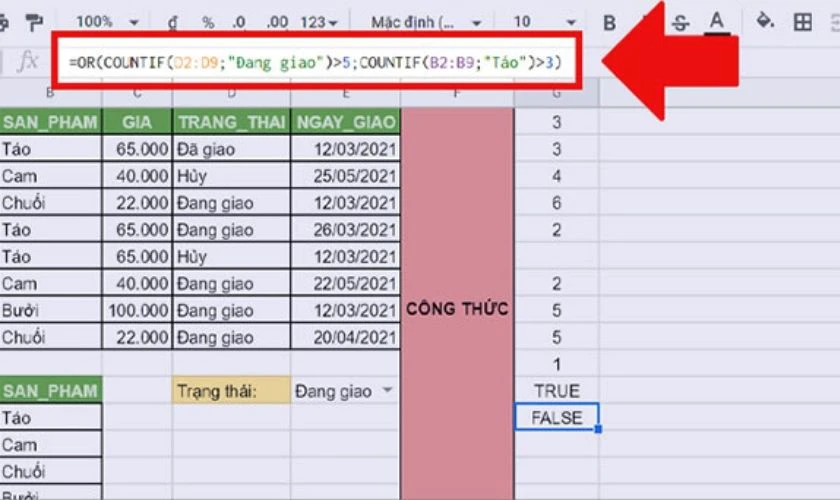 Hàm đếm số lần xuất hiện trong Excel với hàm OR