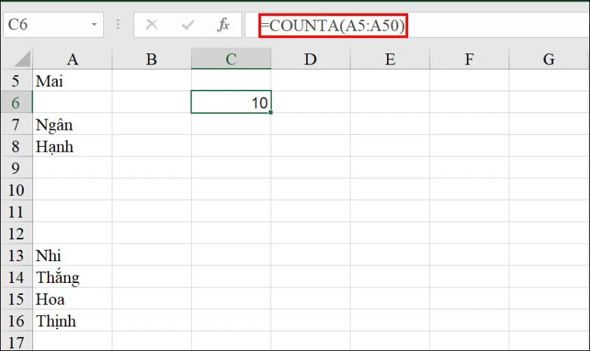 Hàm COUNTA đếm số lần xuất hiện trong Excel