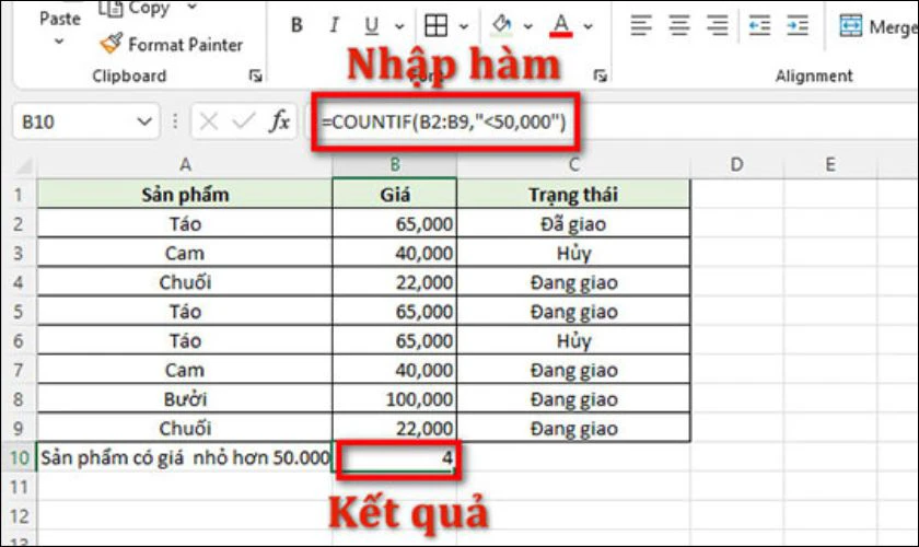 Hàm COUNTIF đếm theo điều kiện lớn hơn hoặc nhỏ hơn