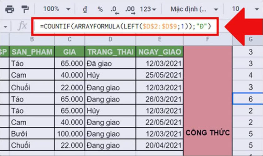 Hàm đếm số lần xuất hiện trong Excel với hàm LEFT