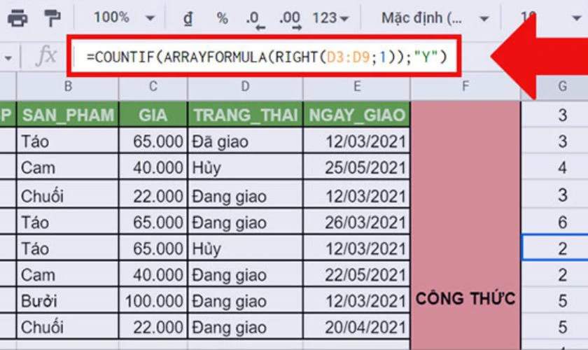 Hàm đếm số lần xuất hiện trong Excel với hàm RIGHT