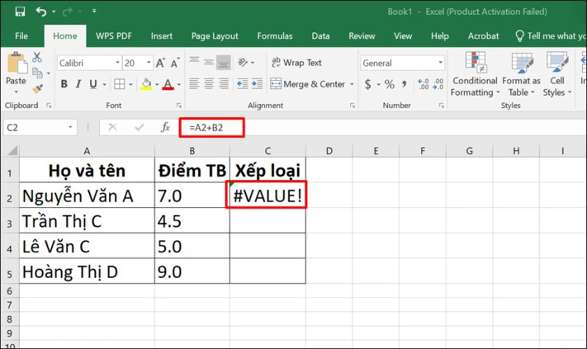 Kết quả hiển thị trong ô là VALUE