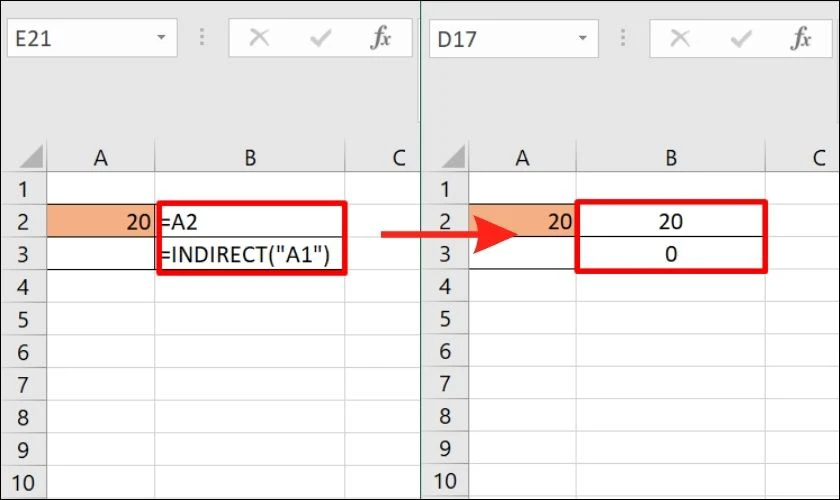2 trường hợp xảy ra khi áp dụng hàm INDIRECT