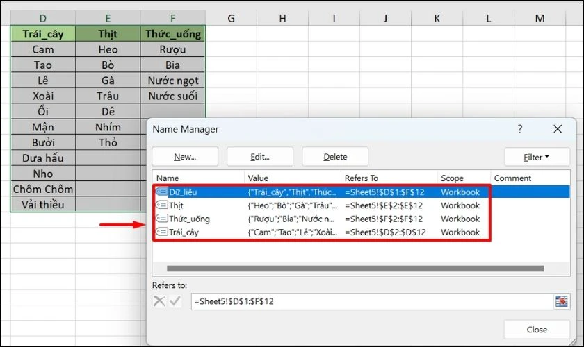 Dùng hàm INDIRECT với danh sách tùy chọn trong Excel 