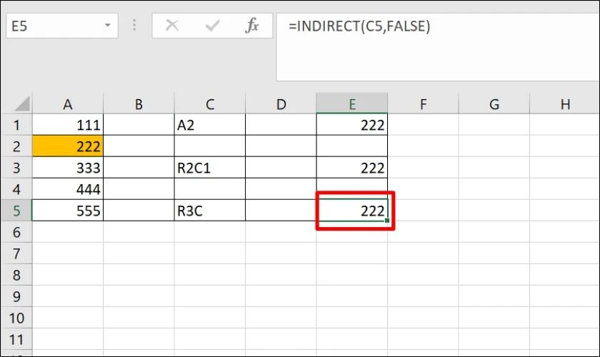 Kết quả công thức đang tham chiếu đến ô C5